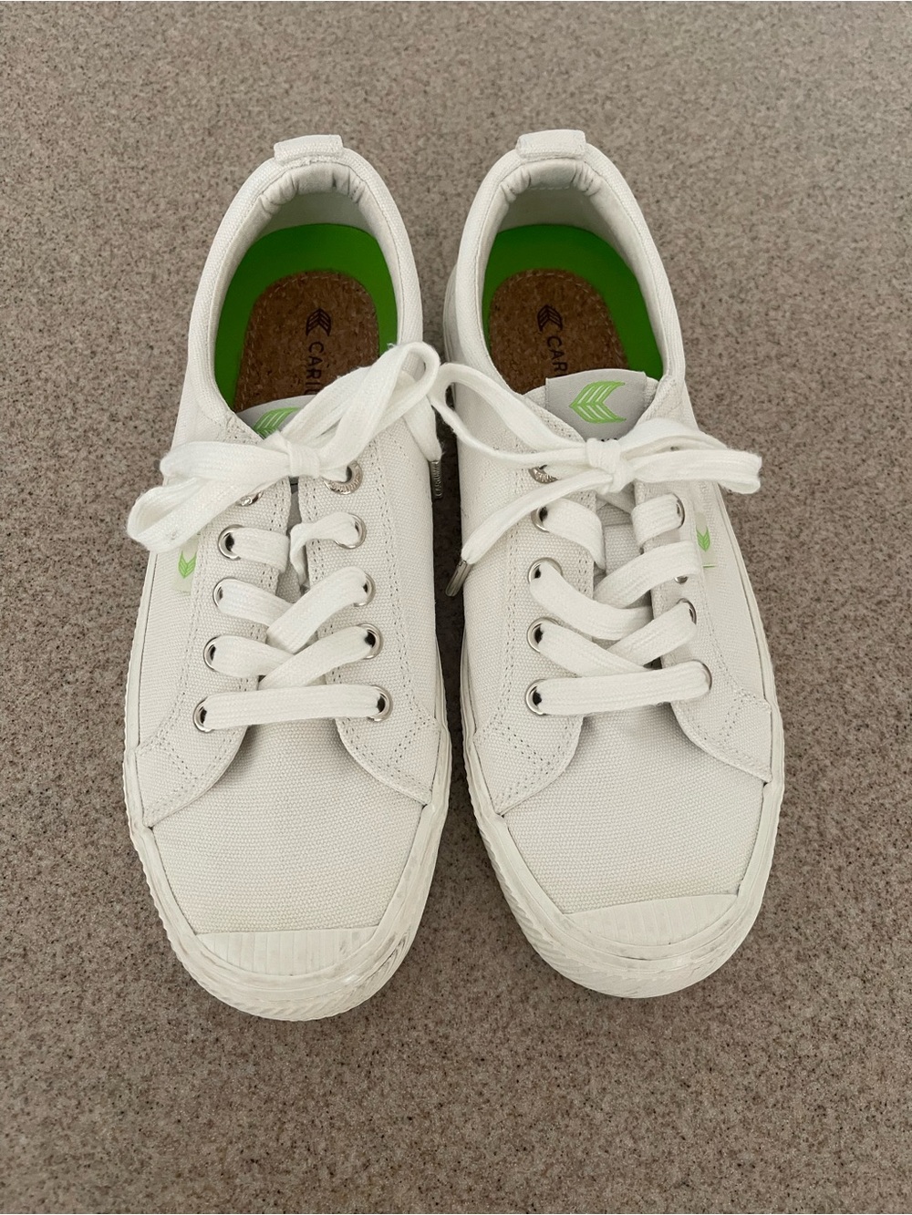 Cariuma White Canvas Sneakers with Lime Green Insole